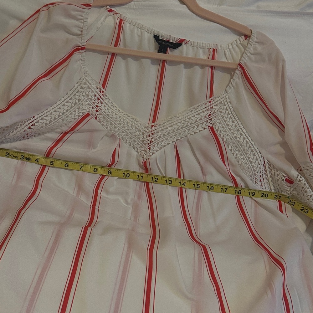 Banana Republic Semi-Sheer White Blouse with Red Stripes and Crochet Trim - Picture 4 of 9